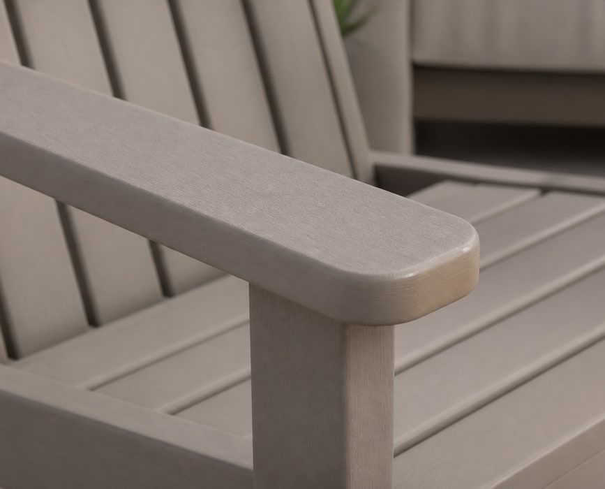 Conventional synthetic lumber furniture detail with a uniform pale surface