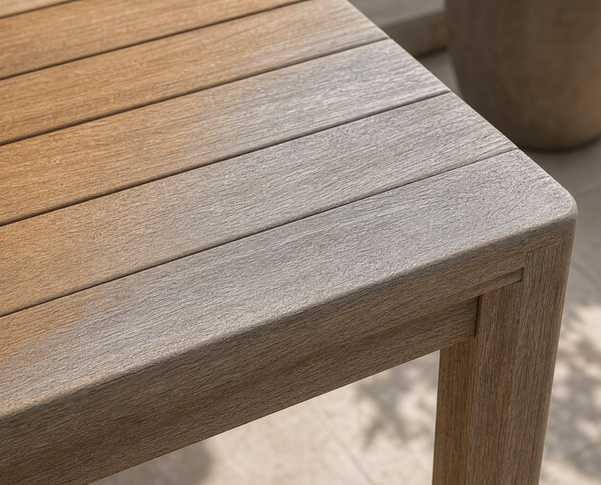 Natural timber furniture detail showing a visible change in surface tone