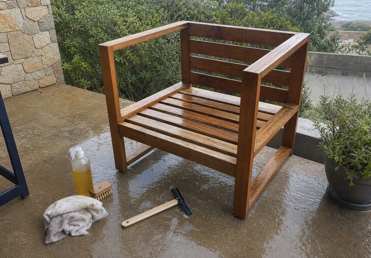 Illustrative outdoor furniture care scene with cleaning tools beside a chair