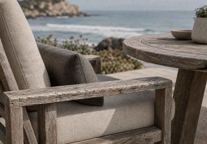 Illustrative coastal furniture surface study used to discuss salt air and moisture exposure