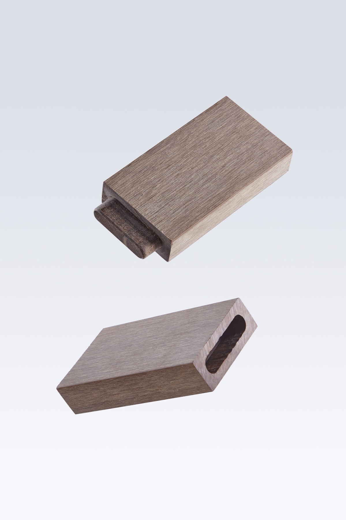 Separated Sumparwood joint components showing the machined mortise and shaped tenon.
