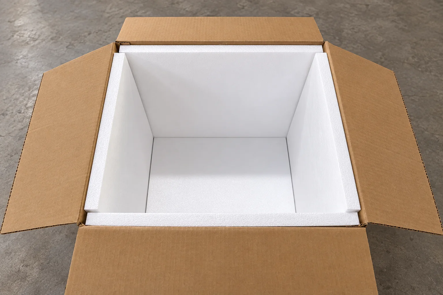 Open furniture carton with fitted white protective lining