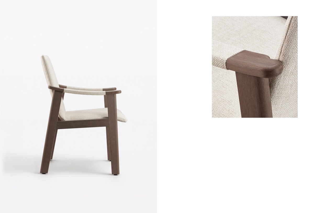 Outdoor chair shown in side view beside a close view of its arm connection.