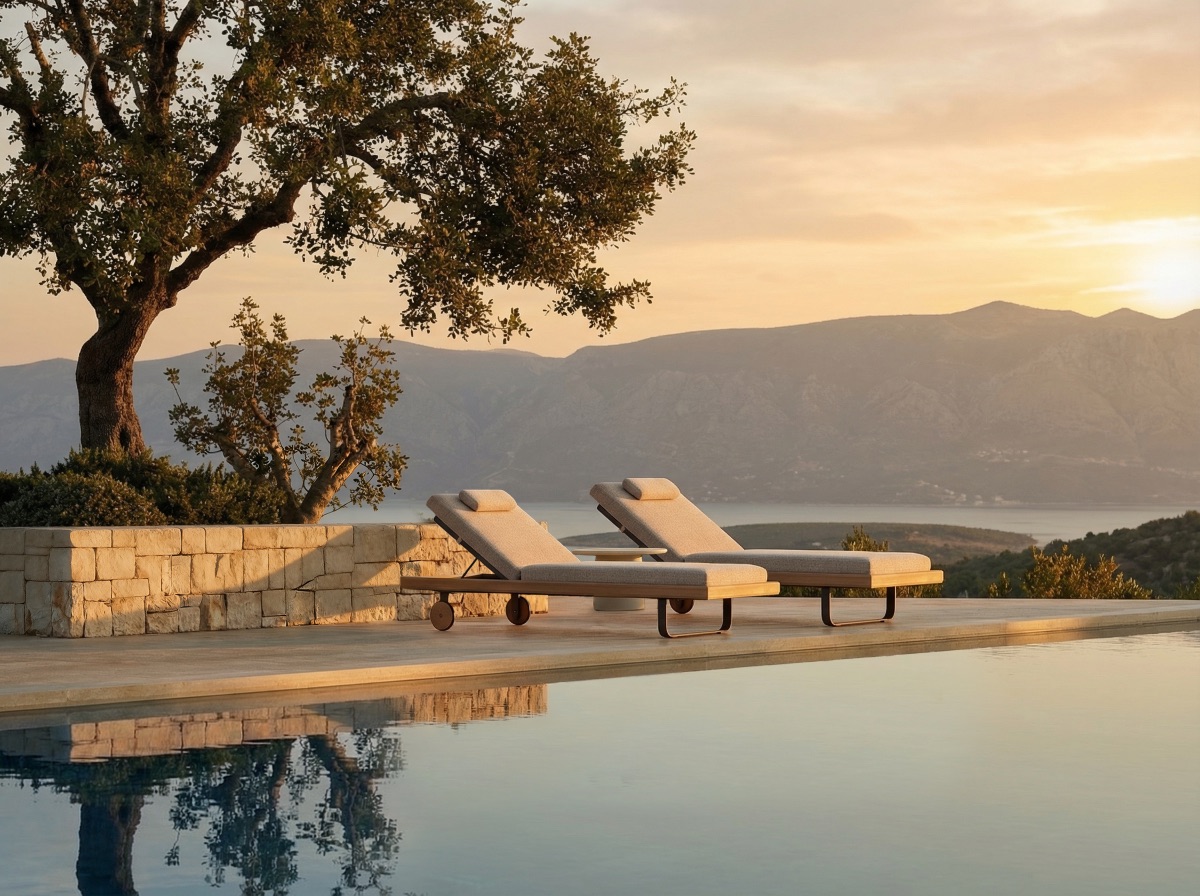 Two outdoor loungers beside a pool in an open landscape at sunset.