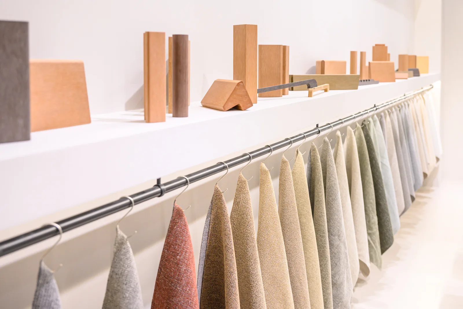 Fabric swatches hanging beneath Sumparwood profile samples