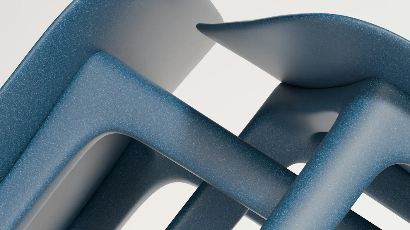 Close view of overlapping blue chair shells and supports
