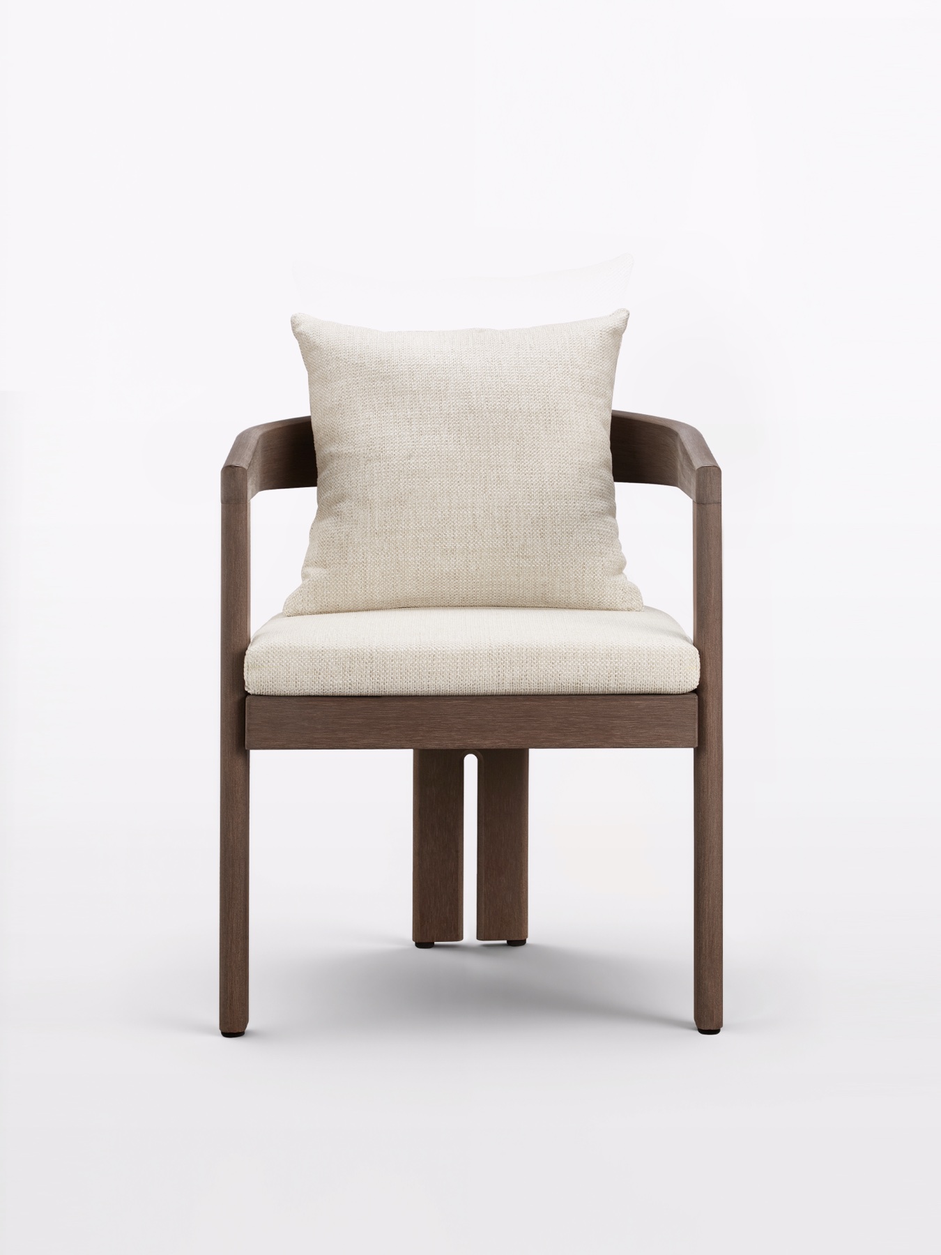 Front view of a dark timber-toned chair with low curved arms and pale upholstered cushions.