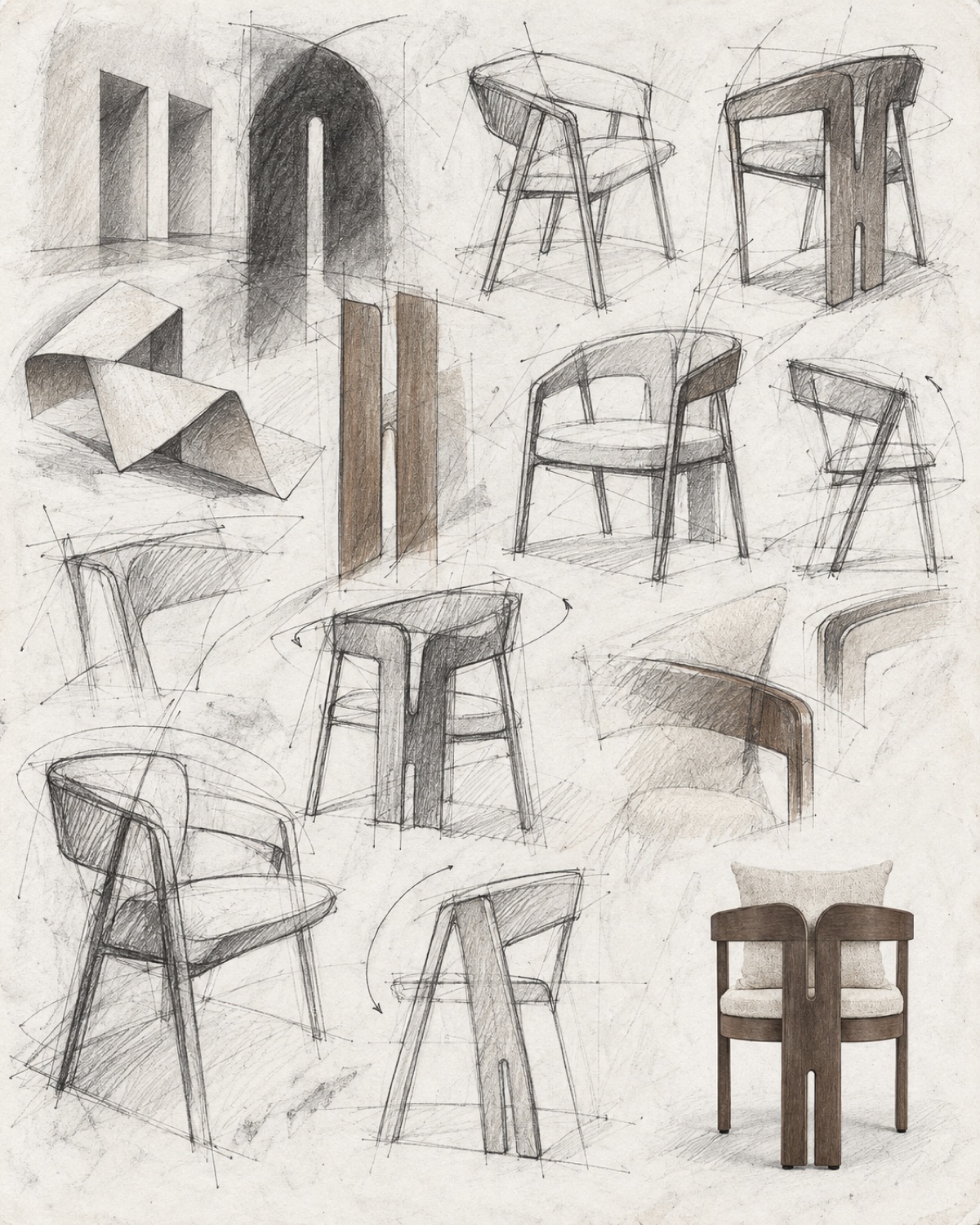 Raw graphite sheet with abstract openings, loose chair variations, and one small resolved rear view of a chair with a divided central spine.