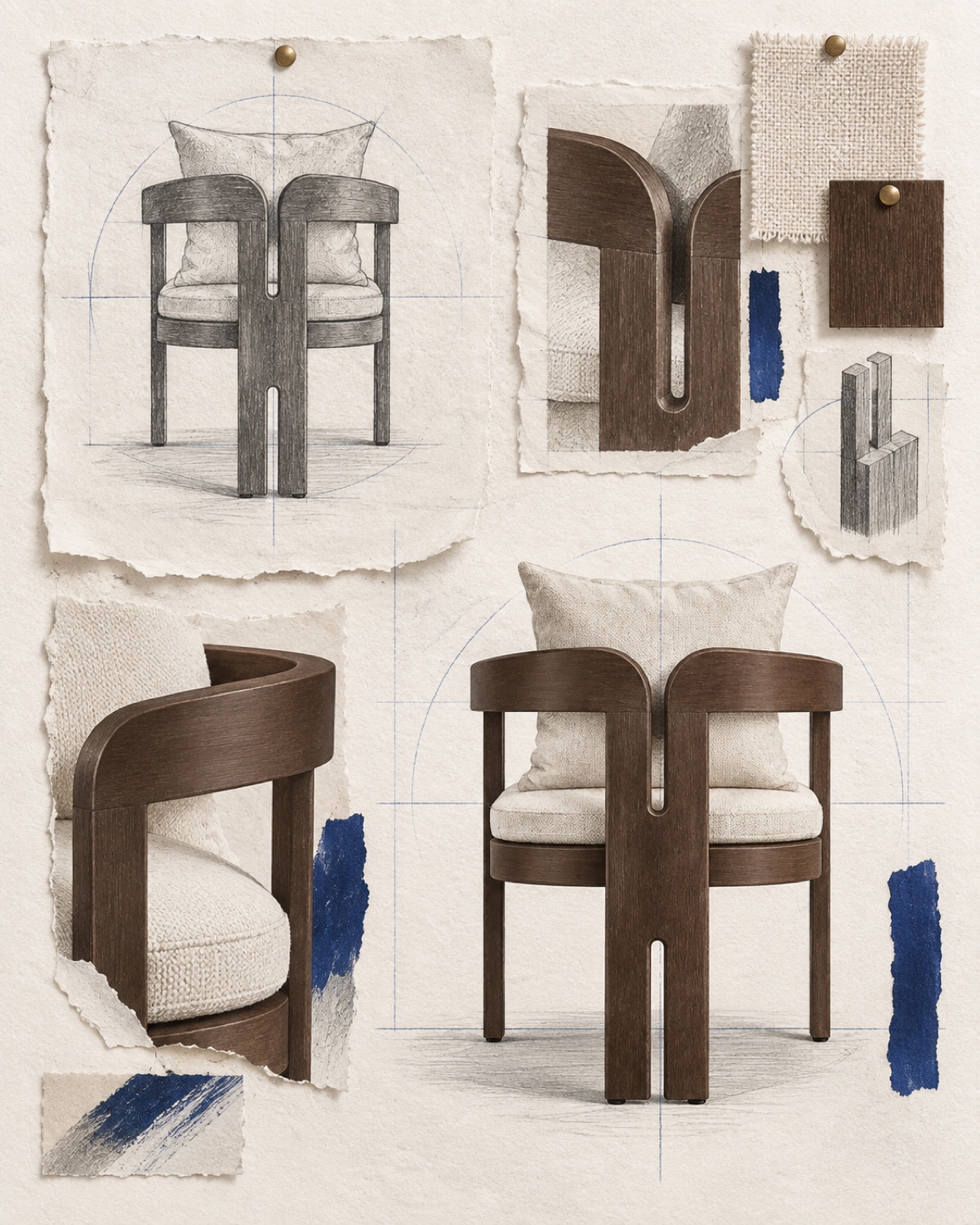 Paper collage of chair sketches, close details of curved arms and divided rear spine, pale fabric, brown material samples and blue construction marks.