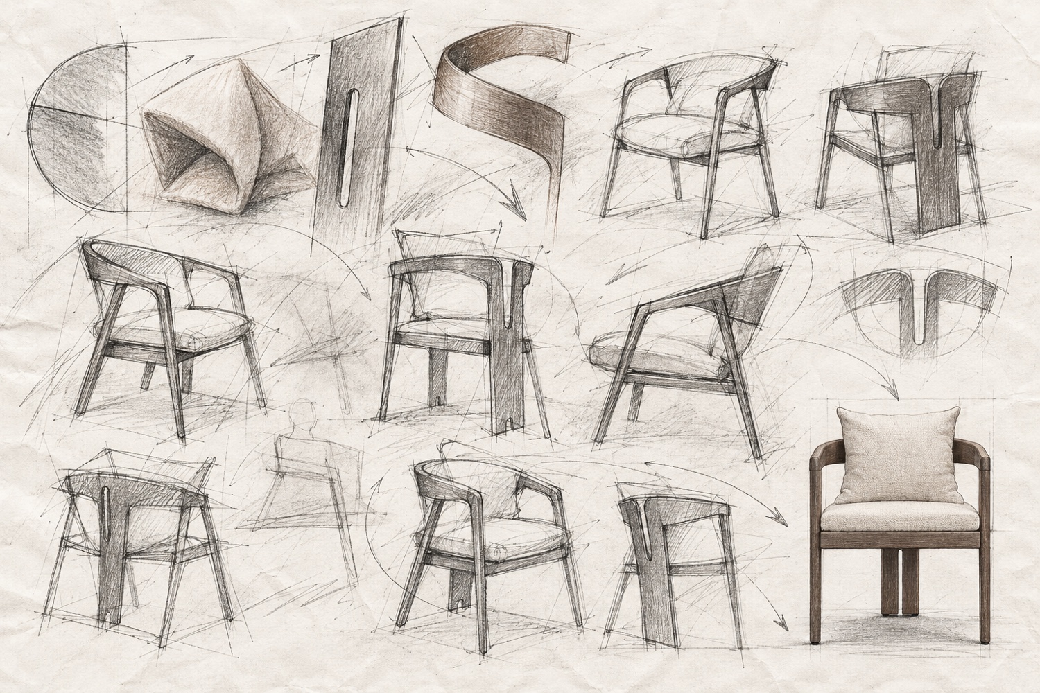 Loose graphite sheet moving from abstract curves and openings through multiple chair variations to one resolved front view with pale cushions and a dark frame.