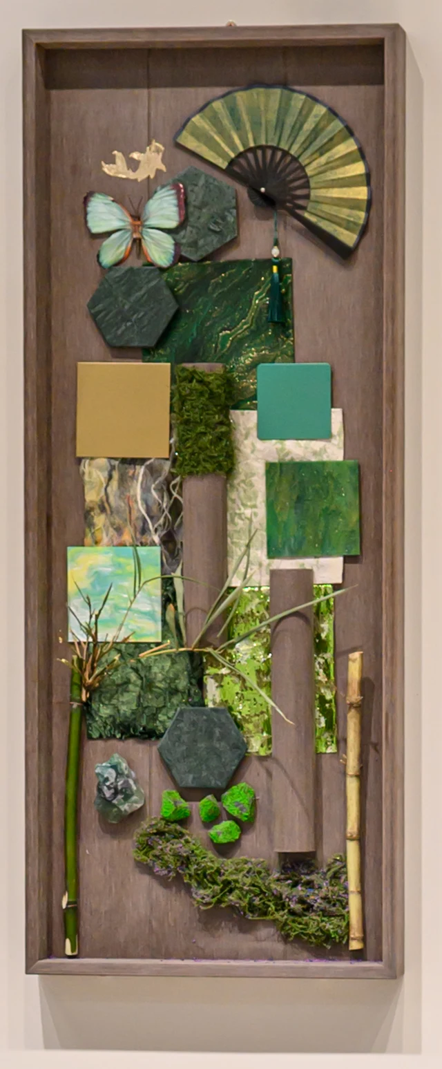 Complete Black Walnut mixed-media artwork with a green fan, moss, patterned tiles and dark brown profiles