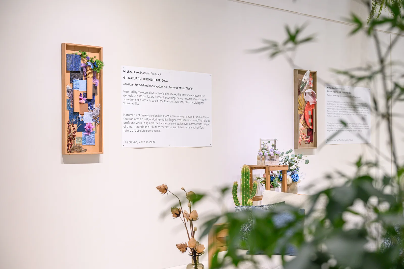 Natural and Vintage framed colour artworks displayed with furniture at the Sumparwood exhibition