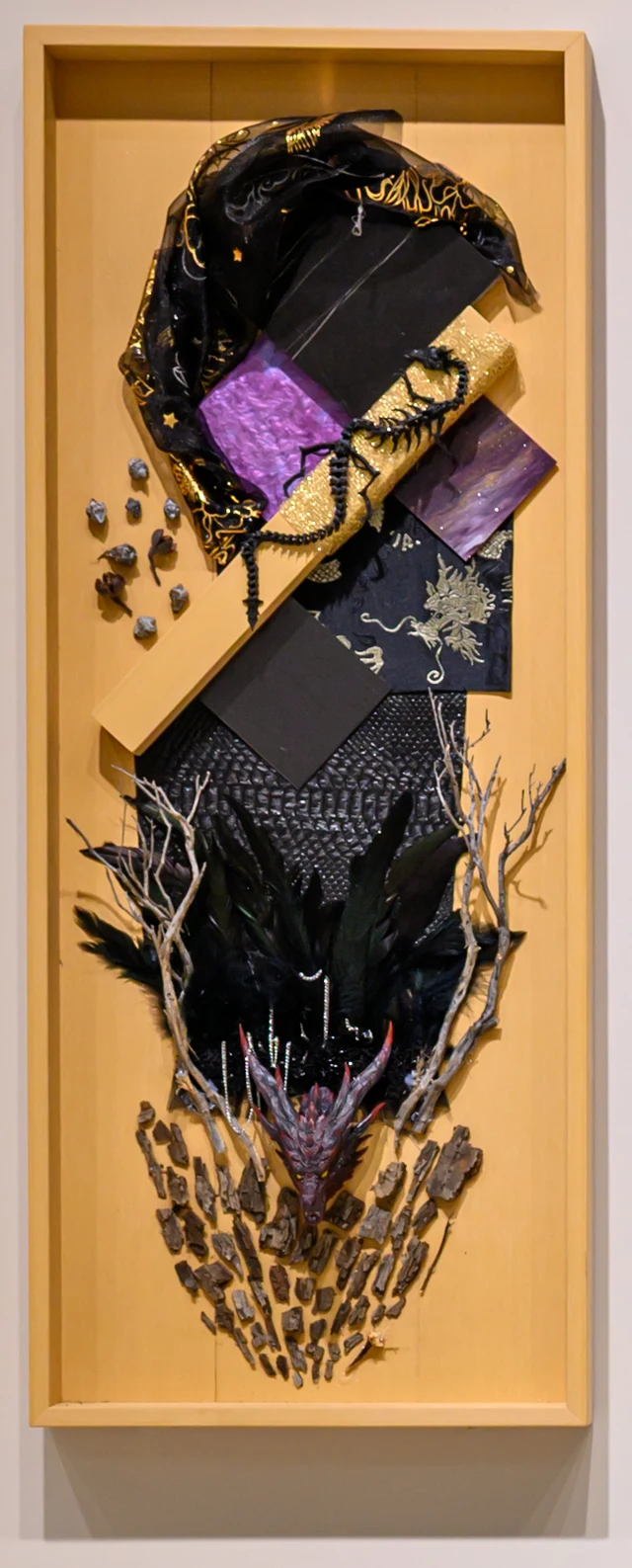 Complete Maple mixed-media artwork with a golden frame, black and gold fabric, purple accents and branching forms