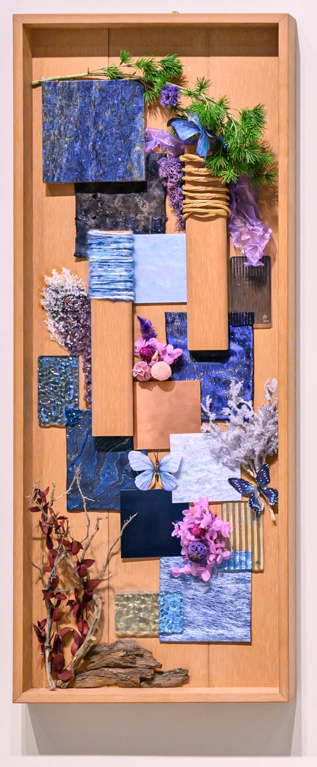 Complete Natural mixed-media artwork combining honey-toned profiles, blue and violet textures and botanical details