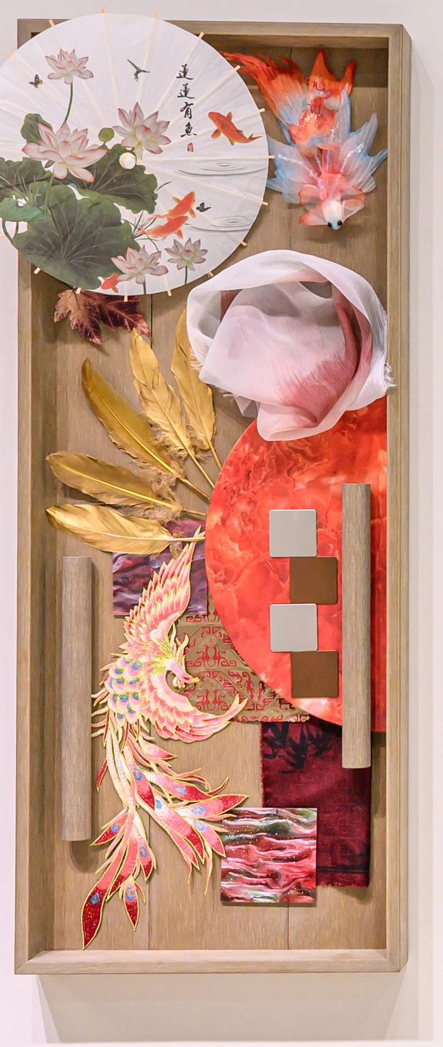 Complete Vintage mixed-media artwork with a painted fan, embroidered phoenix, fabric and material samples