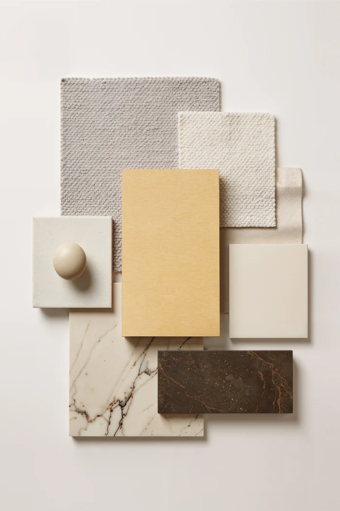 Maple Sumparwood pairing board with cream textiles and contrasting pale and dark stone