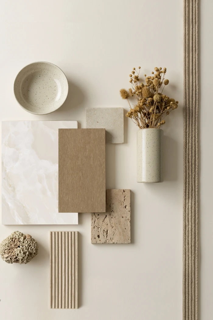 Vintage Sumparwood pairing board with pale stone, ceramic vessels, dried flowers and woven cord
