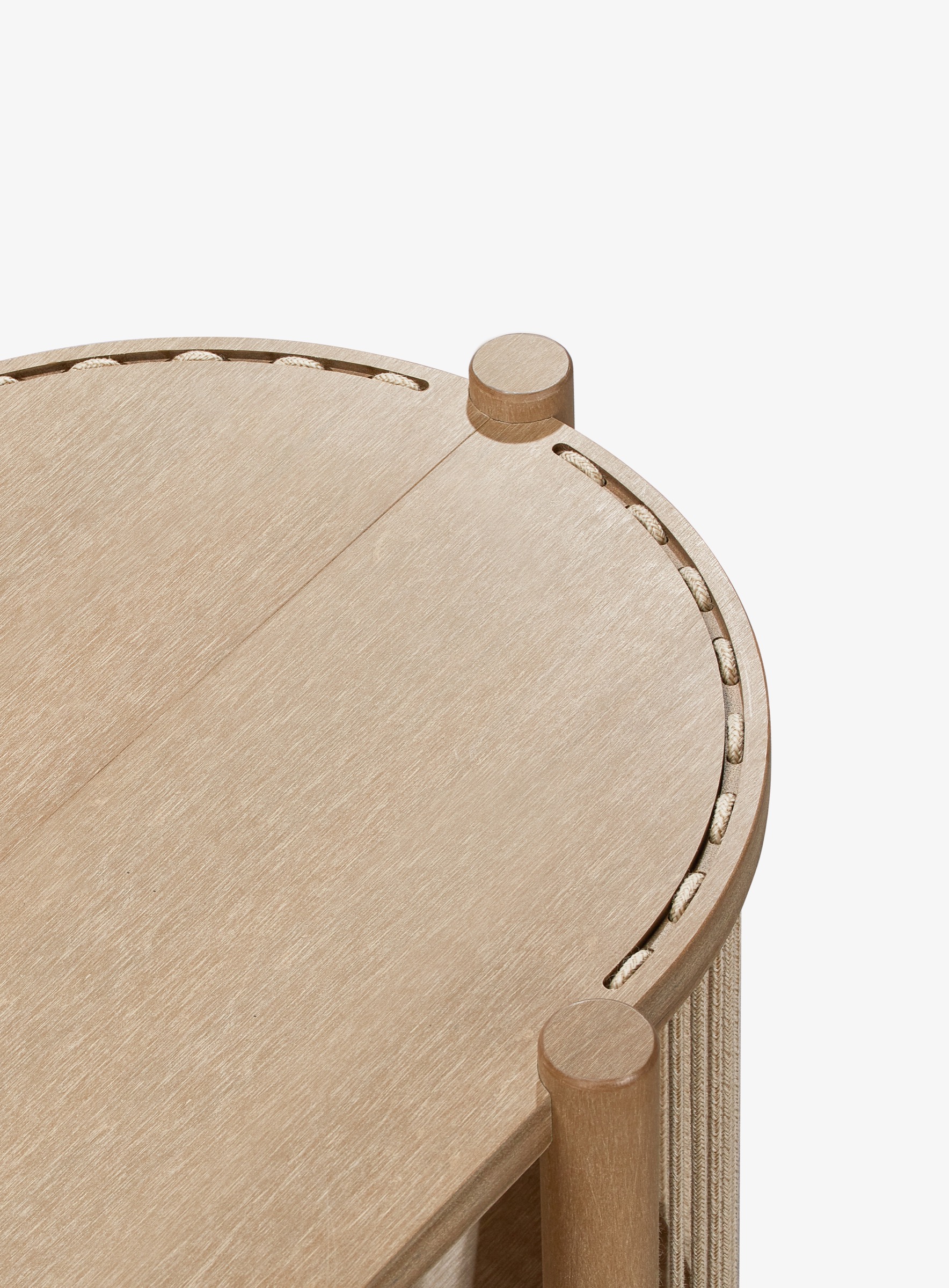 Vintage Sumparwood curved shelf detail with hand-laced edge and softly weathered grain