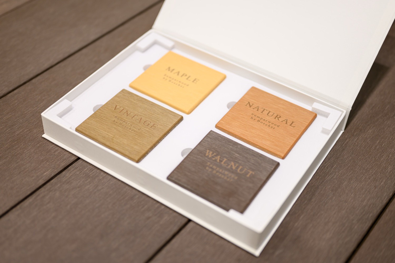 Open Sumparwood sample box with Maple, Natural, Vintage and Walnut labelled samples