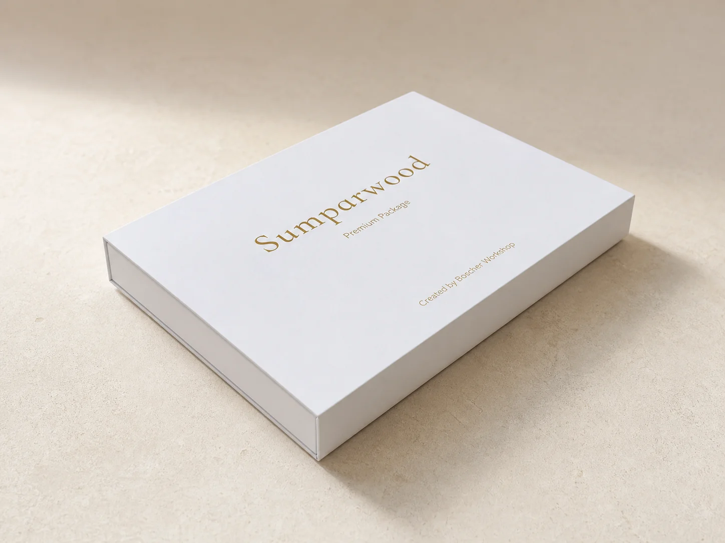 Closed white Sumparwood presentation box with gold-coloured lettering