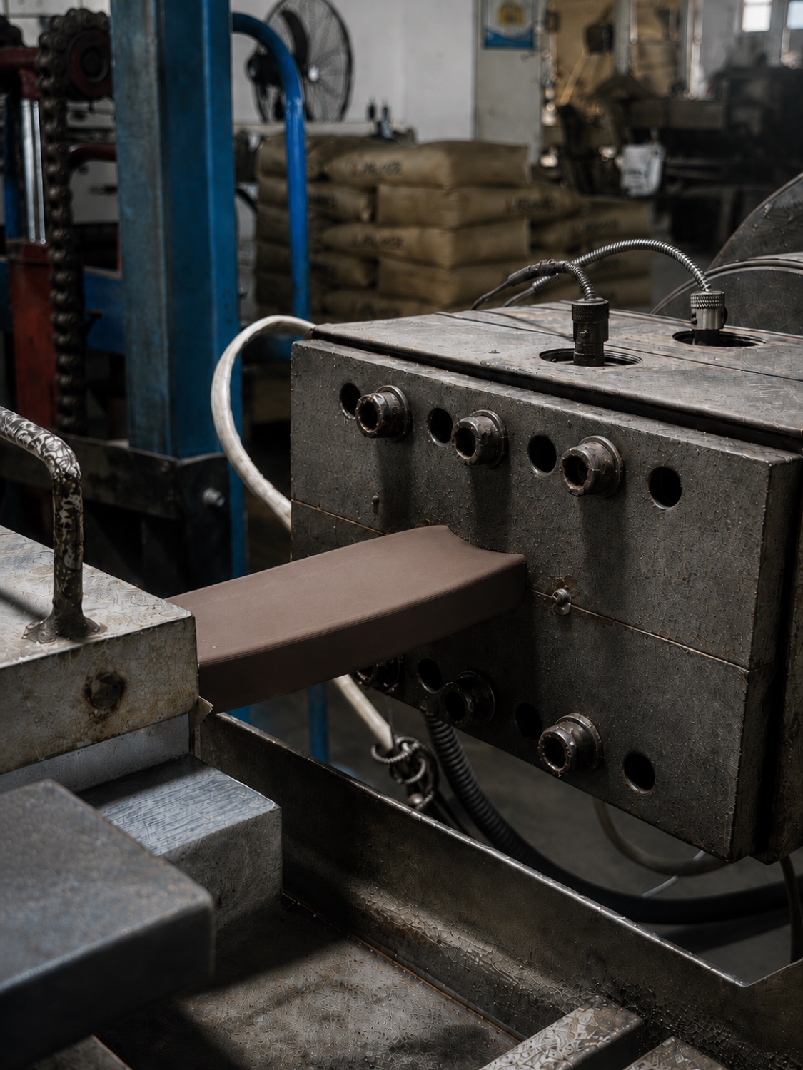 Sumparwood outdoor furniture material profile emerging from workshop extrusion equipment